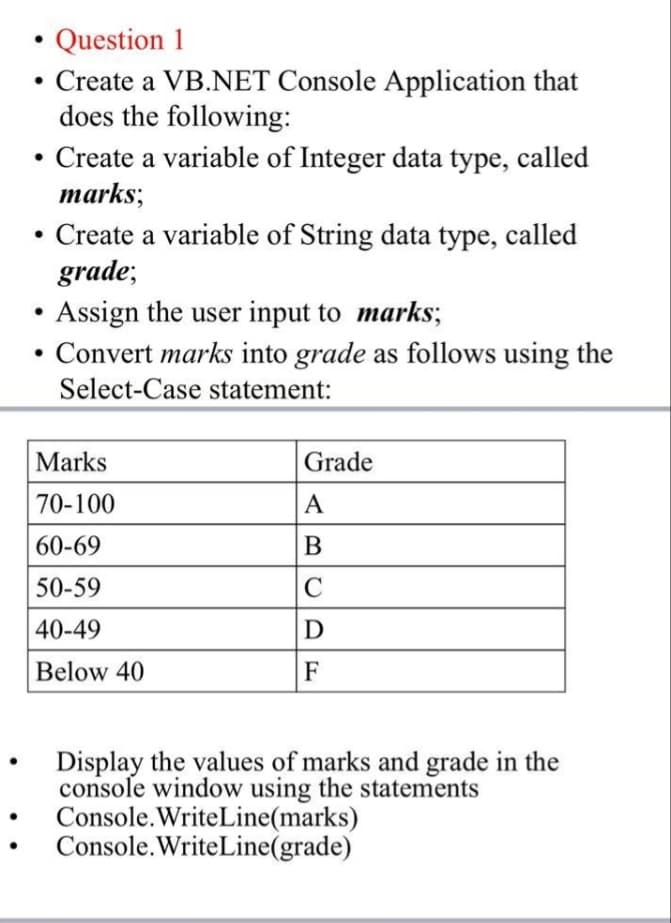 • Question 1
• Create a VB.NET Console Application that
does the following:
• Create a variable of Integer data type, called
marks;
Create a variable of String data type, called
grade;
• Assign the user input to marks;
• Convert marks into grade as follows using the
Select-Case statement:
Marks
Grade
70-100
A
60-69
50-59
C
40-49
D
Below 40
F
Display the values of marks and grade in the
console window using the statements
Console.WriteLine(marks)
Console.WriteLine(grade)
