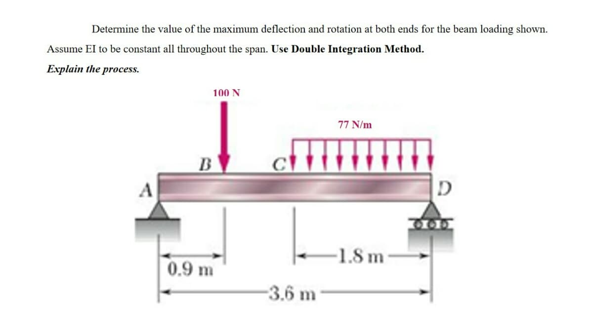 Determine the value of the maximum deflection and rotation at both ends for the beam loading shown.
Assume EI to be constant all throughout the span. Use Double Integration Method.
Explain the process.
100 N
77 N/m
B
-1.8m
0.9 m
-3.6 m
