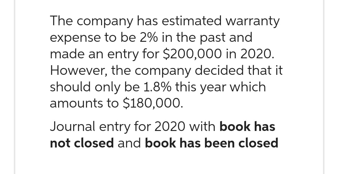 The company has estimated warranty
expense to be 2% in the past and
made an entry for $200,000 in 2020.
However, the company decided that it
should only be 1.8% this year which
amounts to $180,000.
Journal entry for 2020 with book has
not closed and book has been closed