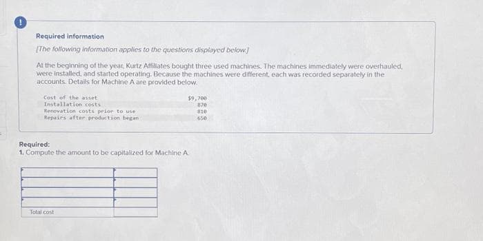 Required information
[The following information applies to the questions displayed below.)
At the beginning of the year, Kurtz Affiliates bought three used machines. The machines immediately were overhauled,
were installed, and started operating. Because the machines were different, each was recorded separately in the
accounts. Details for Machine A are provided below.
Cost of the asset
Installation costs
Renovation costs prior to use
Repairs after production began
$9,700
870
810
650
Required:
1. Compute the amount to be capitalized for Machine A.
Total cost