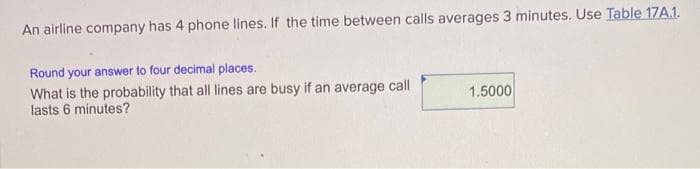 An airline company has 4 phone lines. If the time between calls averages 3 minutes. Use Table 17A.1.
Round your answer to four decimal places.
What is the probability that all lines are busy if an average call
lasts 6 minutes?
1.5000
