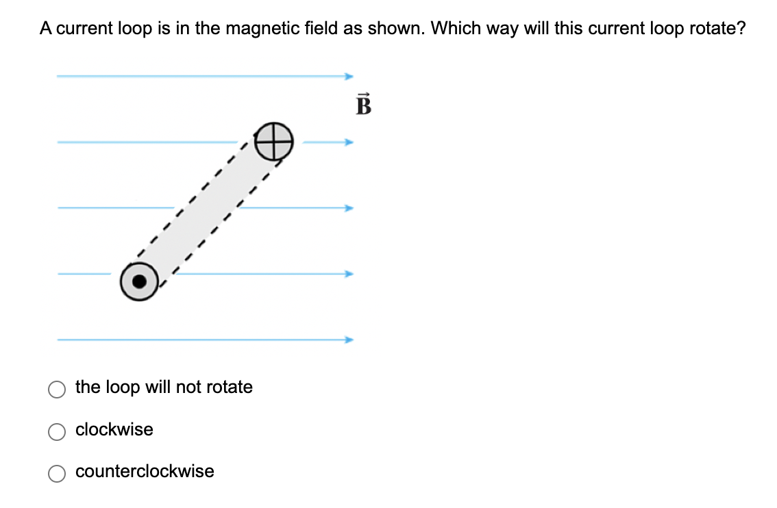 A current loop is in the magnetic field as shown. Which way will this current loop rotate?
the loop will not rotate
clockwise
counterclockwise