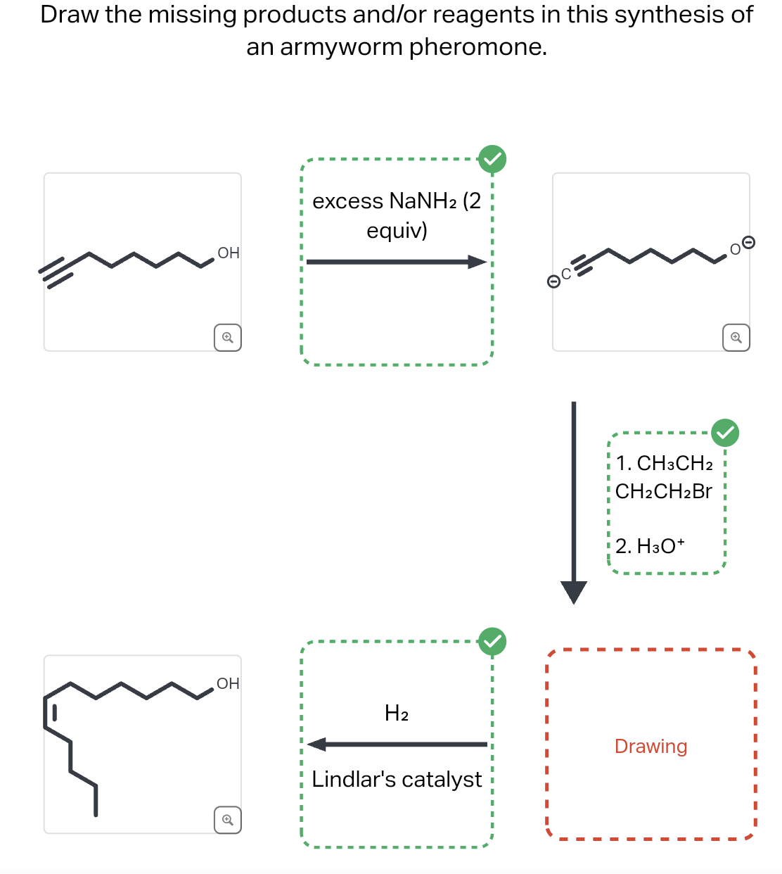 Draw the missing products and/or reagents in this synthesis of
an armyworm pheromone.
OH
Q
OH
excess NaNH2 (2
equiv)
H₂
Lindlar's catalyst
1. CH3CH2
CH2CH2Br
2. H3O+
Drawing
Q