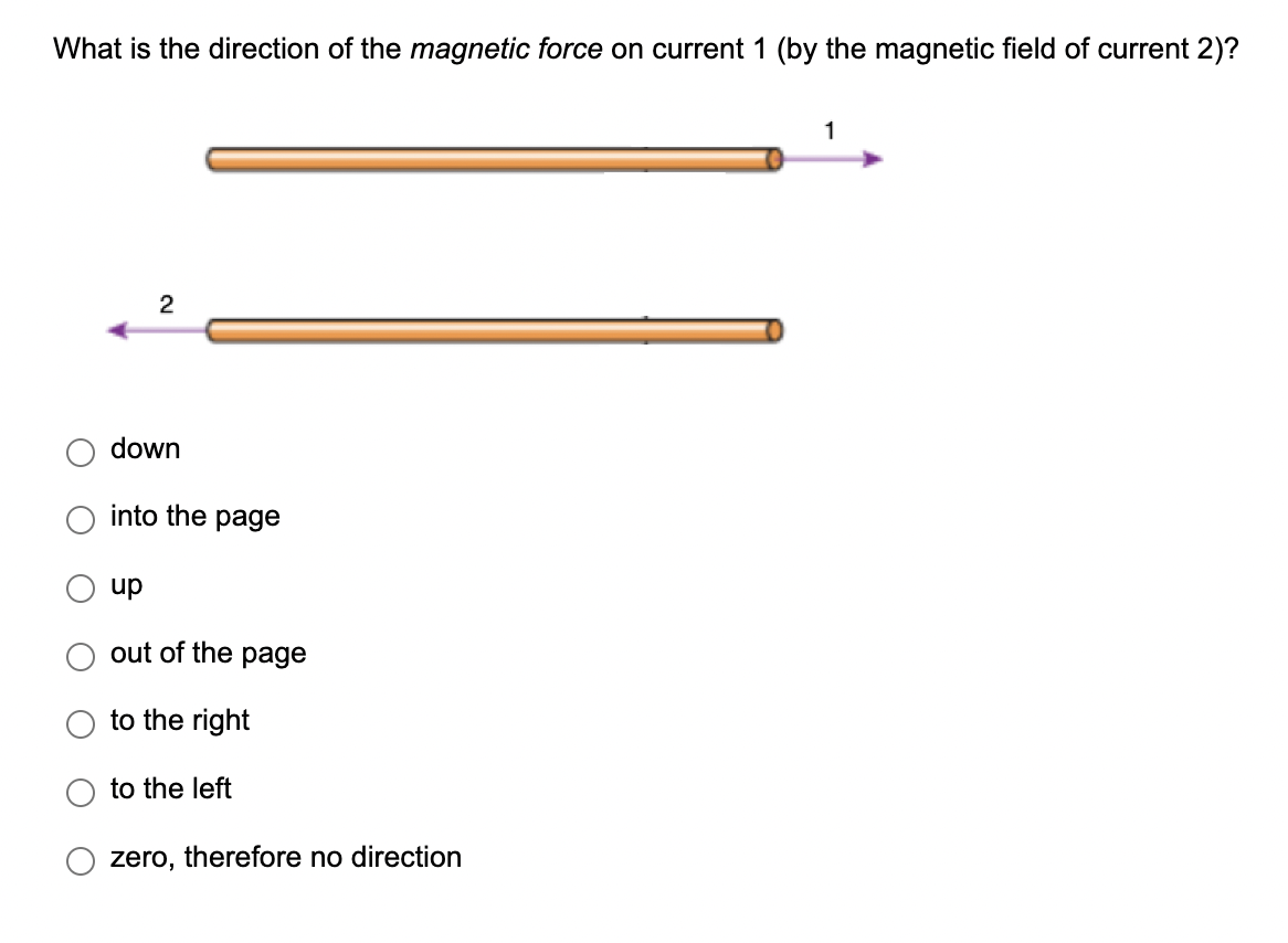What is the direction of the magnetic force on current 1 (by the magnetic field of current 2)?
2
down
into the page
up
out of the page
to the right
to the left
zero, therefore no direction
1
