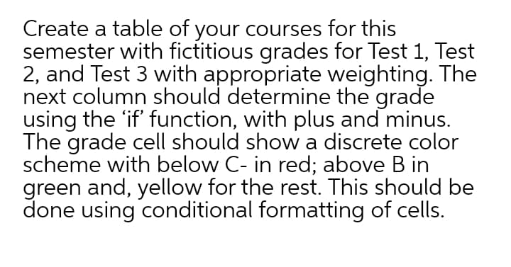 Create a table of your courses for this
semester with fictitious grades for Test 1, Test
2, and Test 3 with appropriate weighting. The
next column should determine the grade
using the 'if' function, with plus and minus.
The grade cell should show a discrete color
scheme with below C- in red; above B in
green and, yellow for the rest. This should be
done using conditional formatting of cells.
