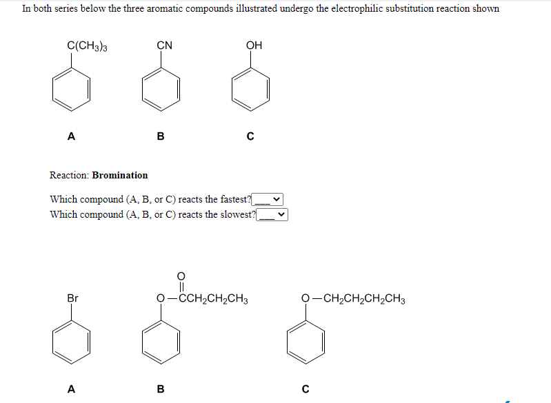 In both series below the three aromatic compounds illustrated undergo the electrophilic substitution reaction shown
C(CH3)3
CN
OH
A
B
Reaction: Bromination
Which compound (A, B, or C) reacts the fastest?
Which compound (A, B, or C) reacts the slowest?|
Br
O-CCH2CH2CH3
0-CH2CH2CH2CH3
A
B
