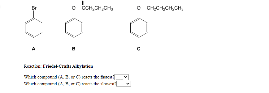 ||
O-CH2CH2CH3
Br
O-CH2CH2CH2CH3
A
B
Reaction: Friedel-Crafts Alkylation
Which compound (A, B, or C) reacts the fastest?
Which compound (A, B, or C) reacts the slowest?
