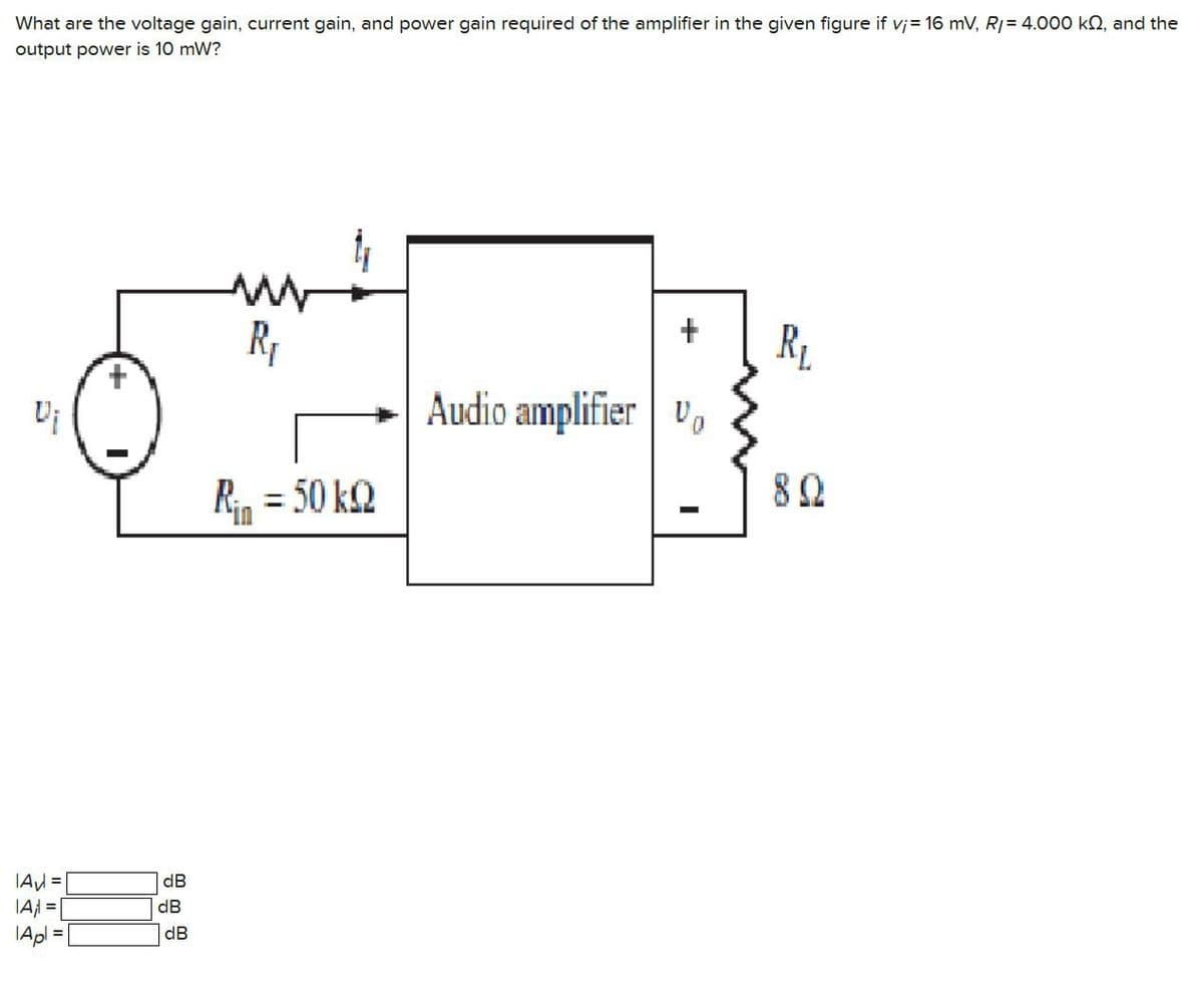 What are the voltage gain, current gain, and power gain required of the amplifier in the given figure if v;= 16 mV, R/= 4.000 kQ, and the
output power is 10 mW?
5
+
R₁
w
R₁
Audio amplifier Vo
Rin = 50 k
A =
dB
IA=
dB
Apl =
dB
8Ω