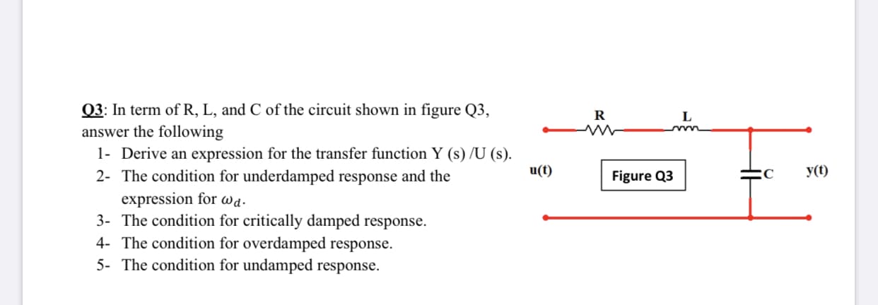 Q3: In term ofR, L, and C of the circuit shown in figure Q3,
answer the following
1- Derive an expression for the transfer function Y (s) /U (s).
2- The condition for underdamped response and the
expression for Wa.
3- The condition for critically damped response.
4- The condition for overdamped response.
5- The condition for undamped response.
