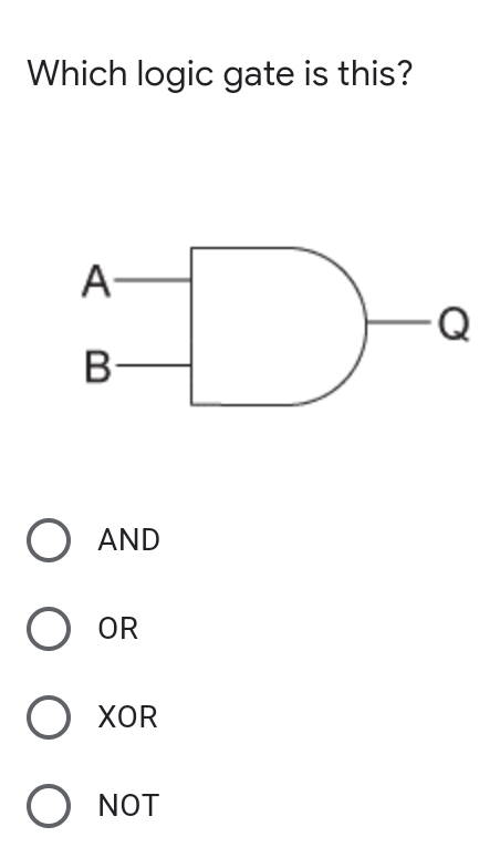 Which logic gate is this?
D-
A-
B-
AND
OR
O XOR
O NOT
