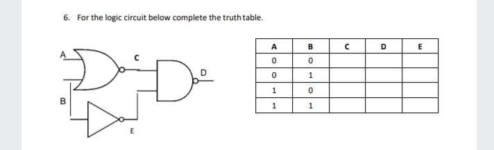 6. For the logic circuit below complete the truth table.
A
D
E
1
B
1
