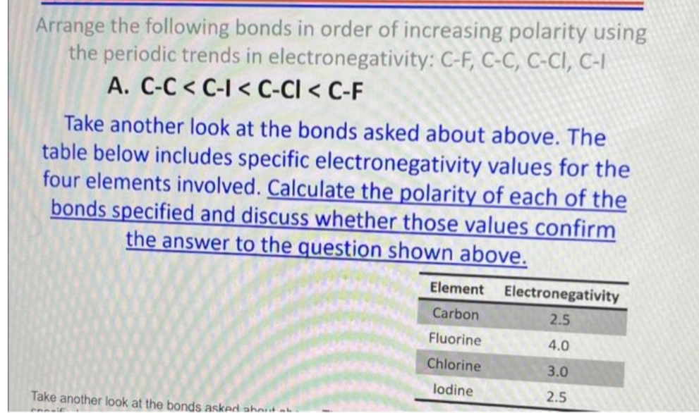 Arrange the following bonds in order of increasing polarity using
the periodic trends in electronegativity: C-F, C-C, C-CI, C-I
A. C-C< C-I < C-CI < C-F
Take another look at the bonds asked about above. The
table below includes specific electronegativity values for the
four elements involved. Calculate the polarity of each of the
bonds specified and discuss whether those values confirm
the answer to the question shown above.
Take another look at the bonds asked about t
CAD.
Element Electronegativity
Carbon
2.5
Fluorine
4.0
Chlorine
3.0
lodine
2.5