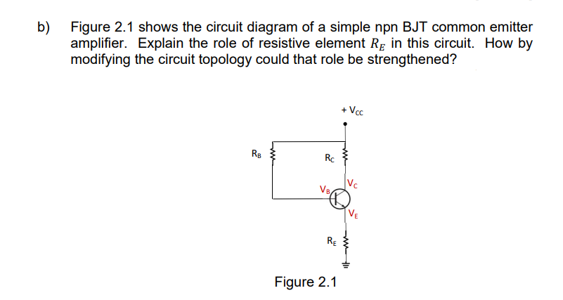 b)
Figure 2.1 shows the circuit diagram of a simple npn BJT common emitter
amplifier. Explain the role of resistive element RE in this circuit. How by
modifying the circuit topology could that role be strengthened?
+Vcc
RB
Rc
RE
Figure 2.1
Vc
VE