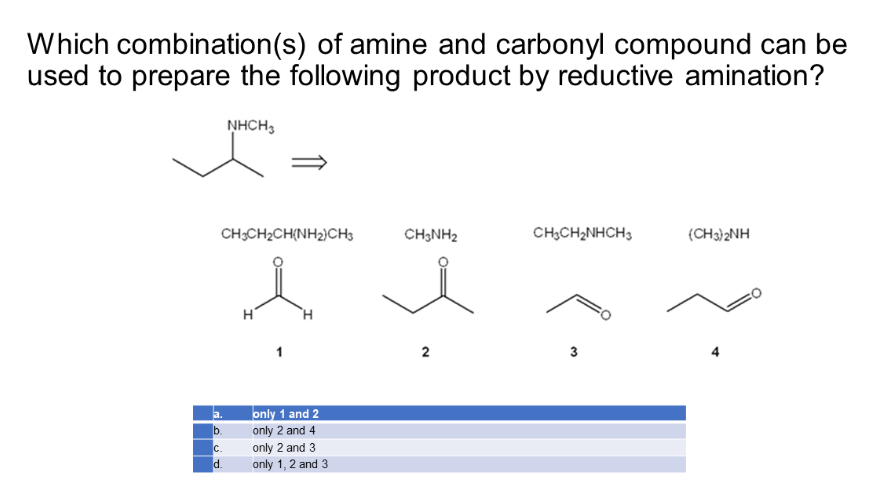 Which combination(s) of amine and carbonyl compound can be
used to prepare the following product by reductive amination?
NHCH3
CH3CH2CH(NH2)CH
b.
C.
d.
H
only 1 and 2
only 2 and 4
only 2 and 3
only 1, 2 and 3
CH3NH₂
2
CH3CH₂NHCH3
3
(CH3)2NH