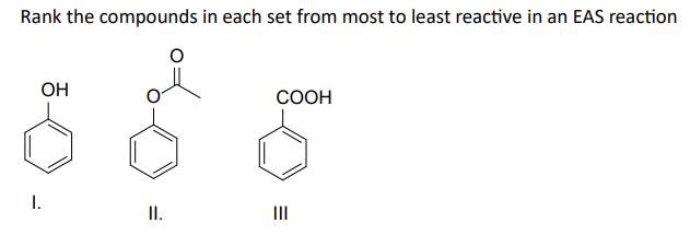Rank the compounds in each set from most to least reactive in an EAS reaction
OH
I.
II.
COOH
|||