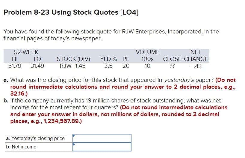 Problem 8-23 Using Stock Quotes [LO4]
You have found the following stock quote for RJW Enterprises, Incorporated, in the
financial pages of today's newspaper.
52-WEEK
HI
LO
51.79 31.49
STOCK (DIV)
RJW 1.45
YLD % PE
3.5 20
VOLUME
100s
10
a. Yesterday's closing price
b. Net income
NET
CLOSE CHANGE
??
-.43
a. What was the closing price for this stock that appeared in yesterday's paper? (Do not
round intermediate calculations and round your answer to 2 decimal places, e.g.,
32.16.)
b. If the company currently has 19 million shares of stock outstanding, what was net
income for the most recent four quarters? (Do not round intermediate calculations
and enter your answer in dollars, not millions of dollars, rounded to 2 decimal
places, e.g., 1,234,567.89.)