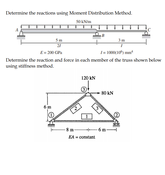 Determine the reactions using Moment Distribution Method.
50 kN/m
B
3 m
5 m
21
E= 200 GPa
I = 1000(106) mm
Determine the reaction and force in each member of the truss shown below
using stiffness method.
120 kN
3
-80 kN
6 m
3
8 m-
6 m-
EA = constant
%3D
