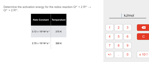 Determine the activation energy for the redox reaction Q- + 2 R →
Q* + 2 R.
kJ/mol
Rate Constant Temperature
1
2
3
3.12 x 10° M's
275 K
4
2.70 x 10' M's
300 K
7
+/-
x 100
LO
