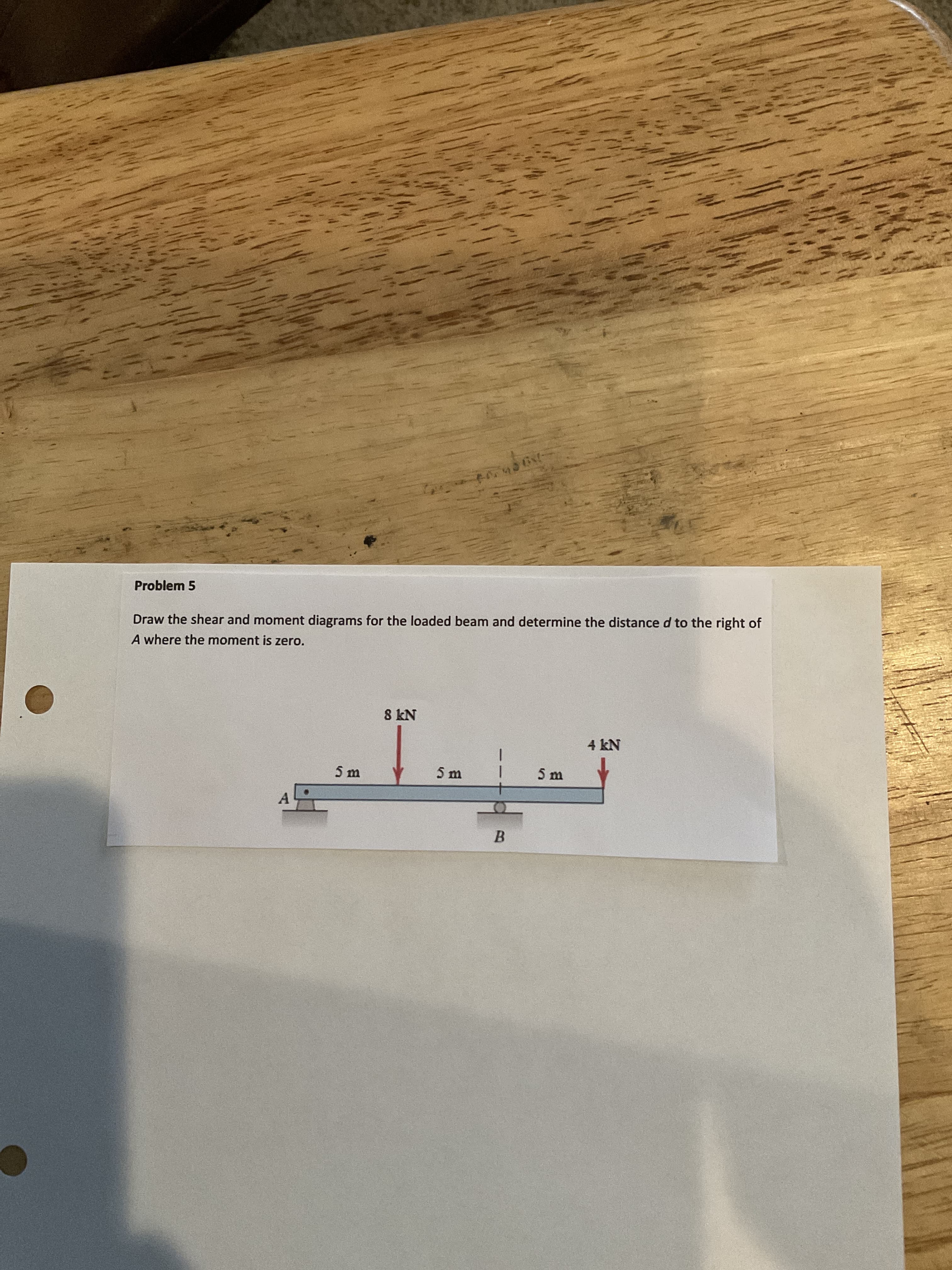 Problem 5
Draw the shear and moment diagrams for the loaded beam and determine the distance d to the right of
A where the moment is zero.
5 m
5 m
5 m
B.

