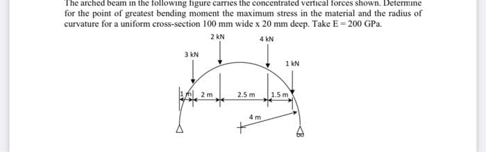 arched beam in the following figure carries the concentrated vertical forces shown. Determine
for the point of greatest bending moment the maximum stress in the material and the radius of
curvature for a uniform cross-section 100 mm wide x 20 mm deep. Take E = 200 GPa.
2 kN
4 kN
3 kN
1 kN
2m
2.5 m
1.5 m
4 m
