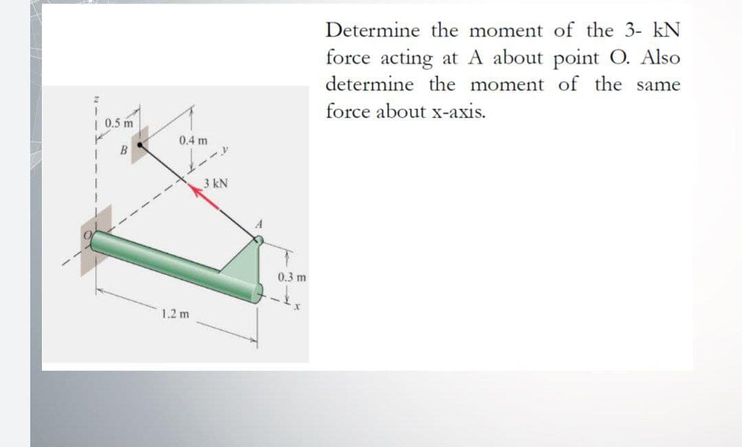 | 0.5 m
B
0.4 m
J
1.2 m
V
3 kN
A
0.3 m
Determine the moment of the 3- kN
force acting at A about point O. Also
determine the moment of the same
force about x-axis.