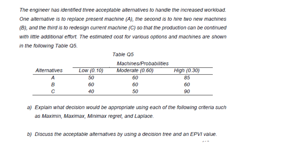 The engineer has identified three acceptable alternatives to handle the increased workload.
One alternative is to replace present machine (A), the second is to hire two new machines
(B), and the third is to redesign current machine (C) so that the production can be continued
with little additional effort. The estimated cost for various options and machines are shown
in the following Table Q5.
Table Q5
Machines/Probabilities
Alternatives
Low (0.10)
Moderate (0.60)
High (0.30)
A
50
60
85
B
60
60
60
40
50
90
a) Explain what decision would be appropriate using each of the following criteria such
as Maximin, Maximax, Minimax regret, and Laplace.
b)
uss the acceptable alternatives by using a decision tree and an EPVI value.
