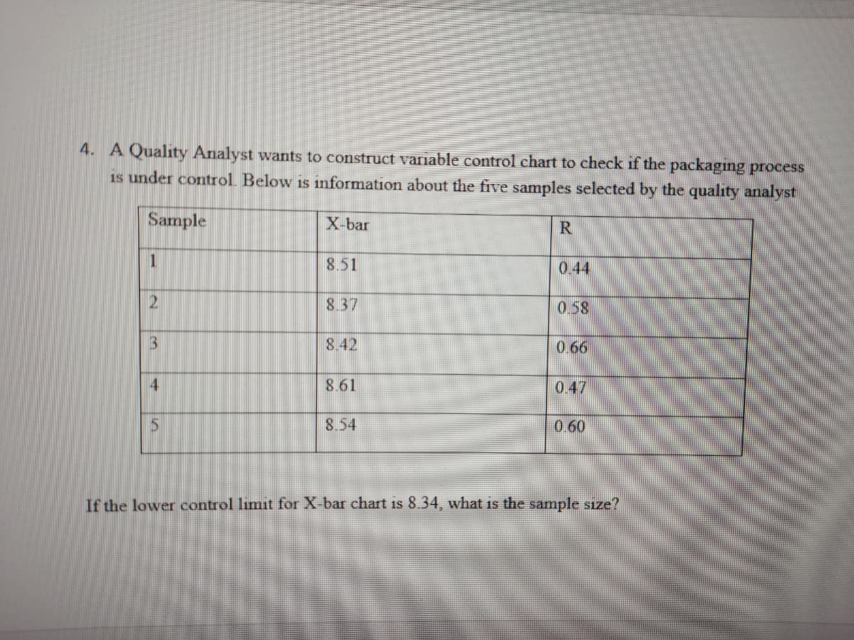 4. A Quality Analyst wants to construct variable control chart to check if the packagıng process
1s under control Below is information about the five samples selected by the quality analyst
Sample
X-bar
R
1
8.51
0.44
2
8.37
0.58
8.42
0.66
4
8.61
0.47
15
8.54
0.60
If the lower control limit for X-bar chart is 8 34, what is the sample sıze?
