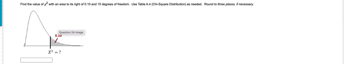 Find the value of x with an area to its right of 0.10 and 15 degrees of freedom. Use Table A.4 (Chi-Square Distribution) as needed. Round to three places, if necessary.
Question 24 Image
0.10
X2 = ?
