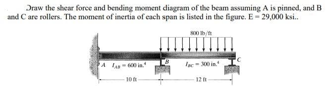Draw the shear force and bending moment diagram of the beam assuming A is pinned, and B
and C are rollers. The moment of inertia of each span is listed in the figure. E = 29,000 ksi..
800 lb/ft
A LAB 600 in.
=
10 ft
B
IBC
= 300 in.4
12 ft