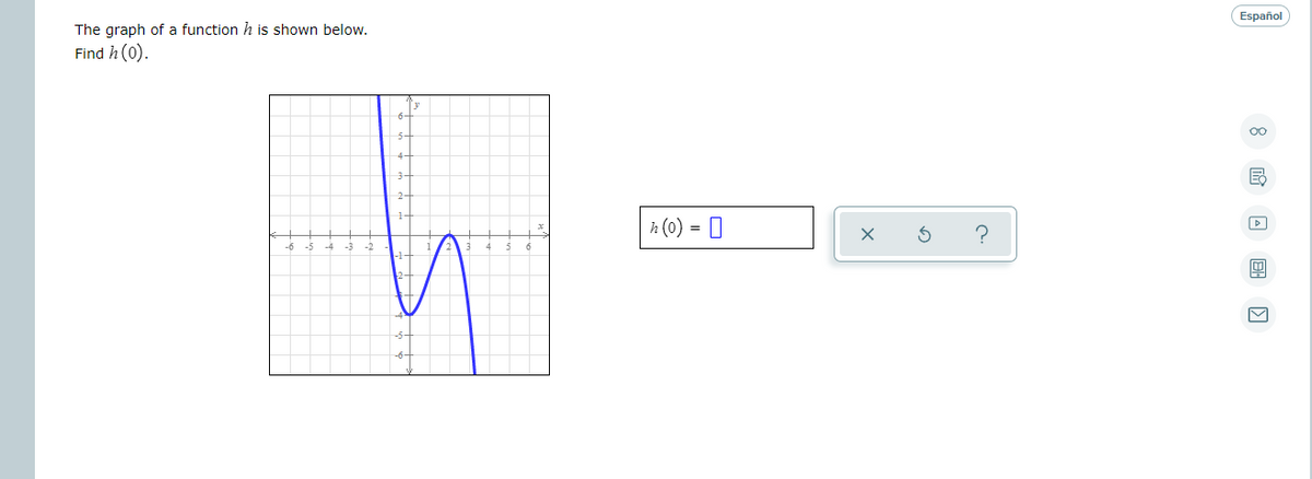 Español
The graph of a function h is shown below.
Find h (0).
h (0) = I
-6
8 O EB O
