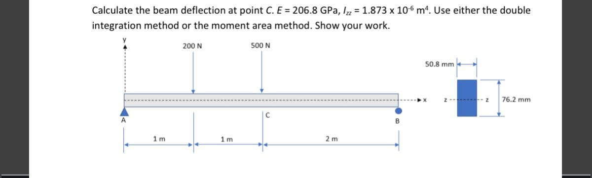 Calculate the beam deflection at point C. E = 206.8 GPa, I„ = 1.873 x 10-6 mª. Use either the double
integration method or the moment area method. Show your work.
200 N
500 N
50.8 mm
-------z
76.2 mm
A
1 m
1 m
2 m
