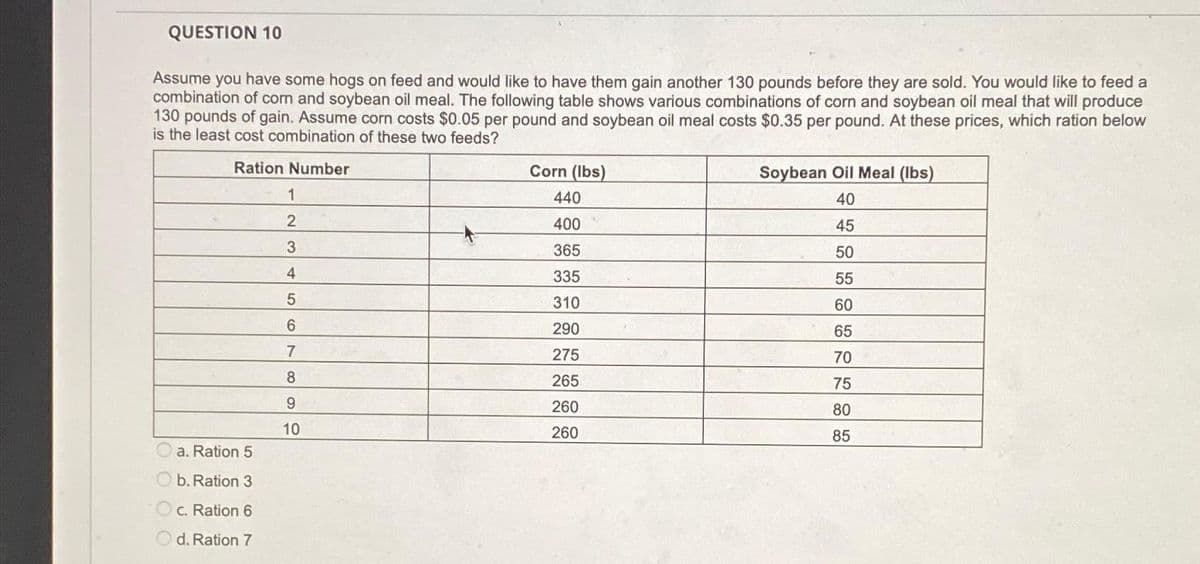 QUESTION 10
Assume you have some hogs on feed and would like to have them gain another 130 pounds before they are sold. You would like to feed a
combination of com and soybean oil meal. The following table shows various combinations of corn and soybean oil meal that will produce
130 pounds of gain. Assume corn costs $0.05 per pound and soybean oil meal costs $0.35 per pound. At these prices, which ration below
is the least cost combination of these two feeds?
Ration Number
a. Ration 5
Ob. Ration 3
c. Ration 6
d. Ration 7
1
2
3
4
5
6
7
8
9
10
Corn (lbs)
440
400
365
335
310
290
275
265
260
260
Soybean Oil Meal (lbs)
40
45
50
55
60
65
70
75
80
85