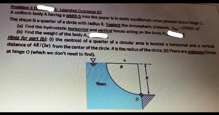Problem 1
1: Leaming Outcome #2
A uniform body A having a width b into the paper is in static equilibrium when piloted about hinge O.
The shape is a quarter of a circle with radius R. Neglect the atmospheric pressure. 7-9790H 1².
(a) Find the hydrostatic horizontal and vertical forces acting on the body A
(b) Find the weight of the body A
Hints for part (b): (1) the centroid of a quarter of a circular area is located a horizontal and a vertical
distance of 4R/(3x) from the center of the circle. R is the radius of the circle; (I) There are unknown forces
at hinge O (which we don't need to find).
V
Water
R
0