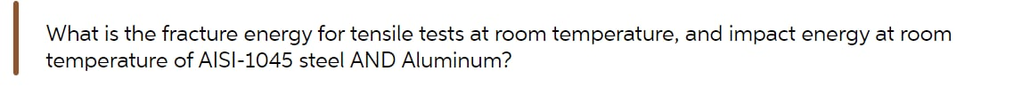 What is the fracture energy for tensile tests at room temperature, and impact energy at room
temperature of AISI-1045 steel AND Aluminum?
