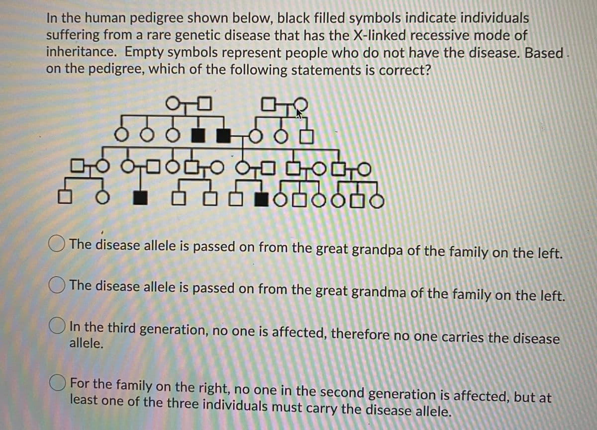 In the human pedigree shown below, black filled symbols indicate individuals
suffering from a rare genetic disease that has the X-linked recessive mode of
inheritance. Empty symbols represent people who do not have the disease. Based .
on the pedigree, which of the following statements is correct?
O The disease allele is passed on from the great grandpa of the family on the left.
O The disease allele is passed on from the great grandma of the family on the left.
O In the third generation, no one is affected, therefore no one carries the disease
allele.
O For the family on the right, no one in the second generation is affected, but at
least one of the three individuals must carry the disease allele.
