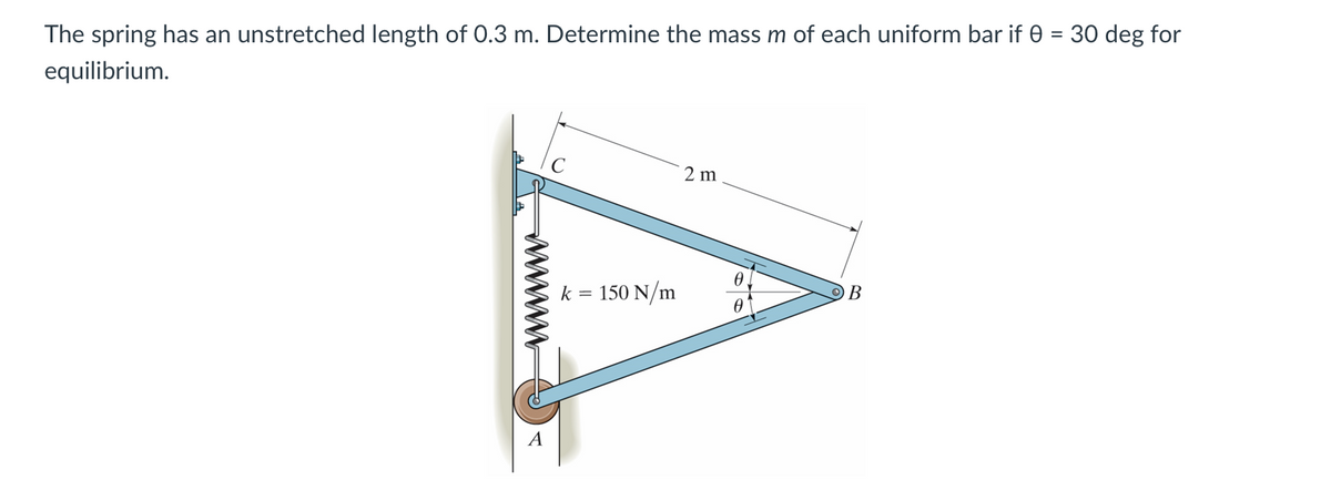 The spring has an unstretched length of 0.3 m. Determine the mass m of each uniform bar if 0 = 30 deg for
equilibrium.
A
k =
150 N/m
2 m
0
B