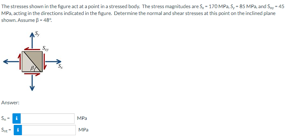 The stresses shown in the figure act at a point in a stressed body. The stress magnitudes are S, = 170 MPa, S, = 85 MPa, and Sy = 45
MPa, acting in the directions indicated in the figure. Determine the normal and shear stresses at this point on the inclined plane
shown. Assume ß = 48°.
S,
Say
Answer:
Sn = i
MPa
Snt = i
MPa
