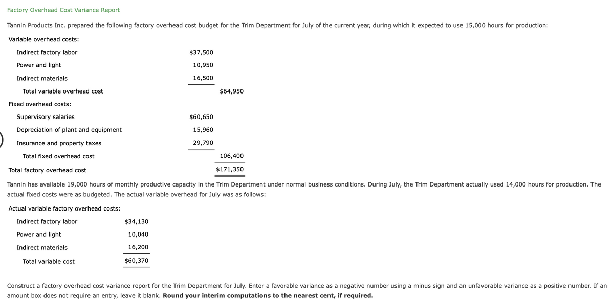 Factory Overhead Cost Variance Report
Tannin Products Inc. prepared the following factory overhead cost budget for the Trim Department for July of the current year, during which it expected to use 15,000 hours for production:
Variable overhead costs:
Indirect factory labor
$37,500
Power and light
10,950
Indirect materials
16,500
Total variable overhead cost
$64,950
Fixed overhead costs:
Supervisory salaries
$60,650
Depreciation of plant and equipment
15,960
Insurance and property taxes
29,790
Total fixed overhead cost
106,400
Total factory overhead cost
$171,350
Tannin has available 19,000 hours of monthly productive capacity in the Trim Department under normal business conditions. During July, the Trim Department actually used 14,000 hours for production. The
actual fixed costs were as budgeted. The actual variable overhead for July was as follows:
Actual variable factory overhead costs:
Indirect factory labor
$34,130
Power and light
10,040
Indirect materials
16,200
Total variable cost
$60,370
Construct a factory overhead cost variance report for the Trim Department for July. Enter a favorable variance as a negative number using a minus sign and an unfavorable variance as a positive number. If an
amount box does not require an entry, leave it blank. Round your interim computations to the nearest cent, if required.
