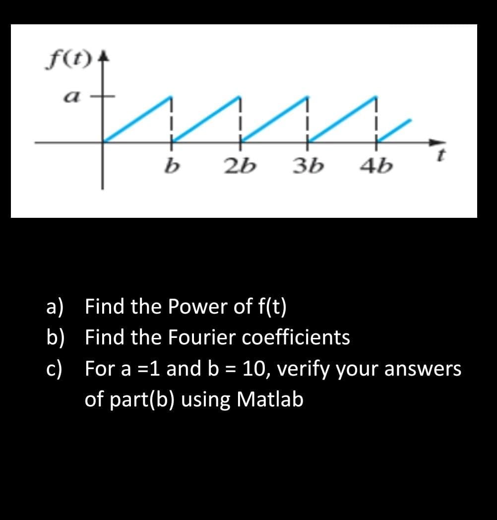 f(t) +
a
m.
b 2b 3b 4b
a)
Find the Power of f(t)
b) Find the Fourier coefficients
c)
For a = 1 and b = 10, verify your answers
of part(b) using Matlab