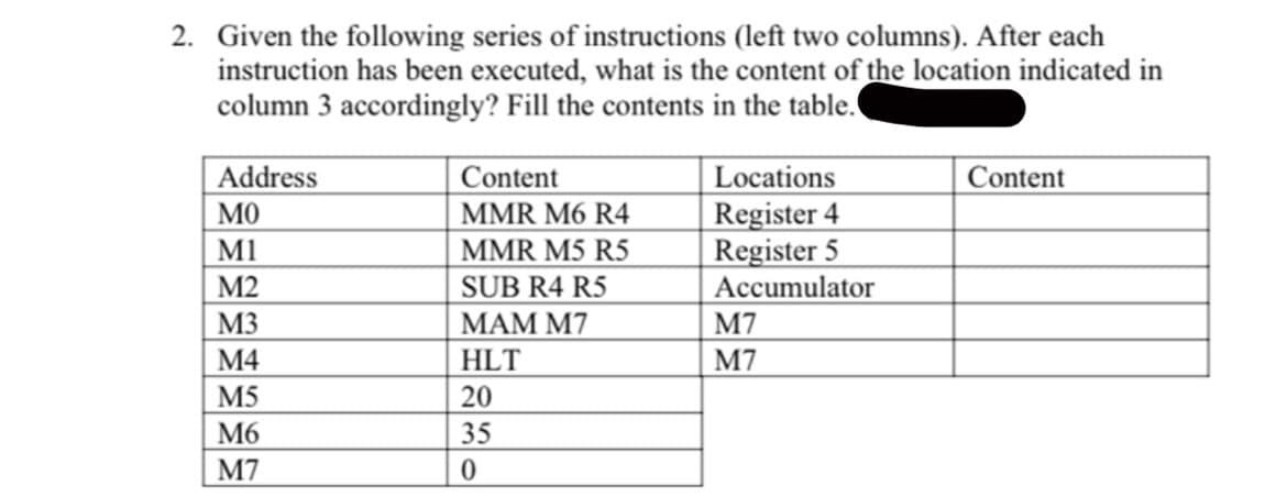 2. Given the following series of instructions (left two columns). After each
instruction has been executed, what is the content of the location indicated in
column 3 accordingly? Fill the contents in the table.
Address
MO
M1
Content
MMR M6 R4
MMR M5 R5
SUB R4 R5
MAM M7
Locations
Register 4
Register 5
Accumulator
M7
Content
М2
M3
М4
HLT
M7
M5
20
M6
35
M7
