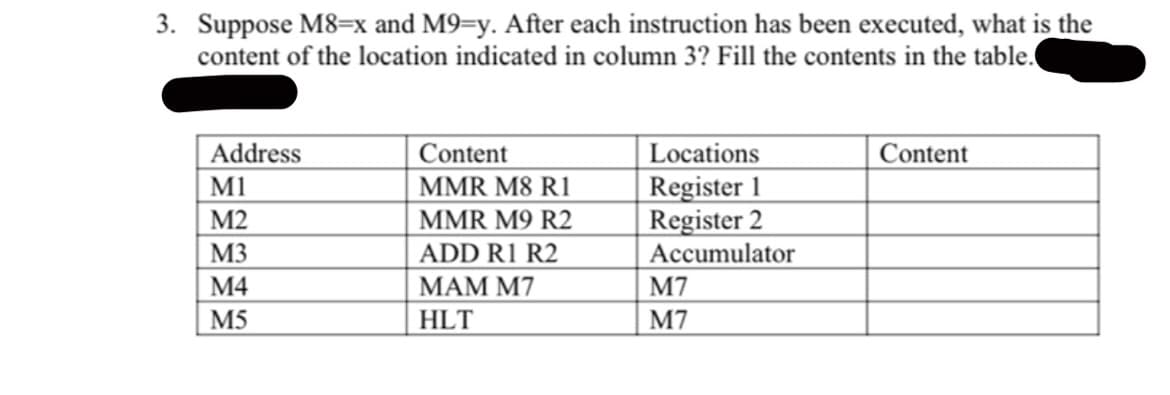 3. Suppose M8=x and M9=y. After each instruction has been executed, what is the
content of the location indicated in column 3? Fill the contents in the table.
Address
M1
Content
MMR M8 R1
MMR M9 R2
Locations
Register 1
Register 2
Accumulator
M7
Content
М2
M3
ADD R1 R2
М4
МАМ M7
M5
HLT
M7
