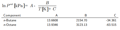 В
In Pat [kPa]= A-
T[K]+ C
Component
A.
n-Butane
13.6608
2154.70
-34.361
n-Octane
13.9346
3123.13
-63.515
