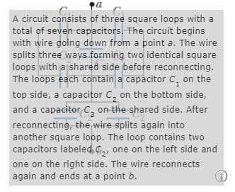 A circuit consists of three square loops with a
total of seven capacitors. The circuit begins
with wire going down from a point a. The wire
splits three ways forming two identical square
loops with a shared side before reconnecting.
The loops each contain a capacitor c, on the
top side, a capacitor C, on the bottom side,
and a capacitor C, on the shared side. After
reconnecting, the wire splits again into
another square loop. The loop contains two
capacitors labeled C, one on the left side and
one on the right side. The wire reconnects
again and ends at a point b.
