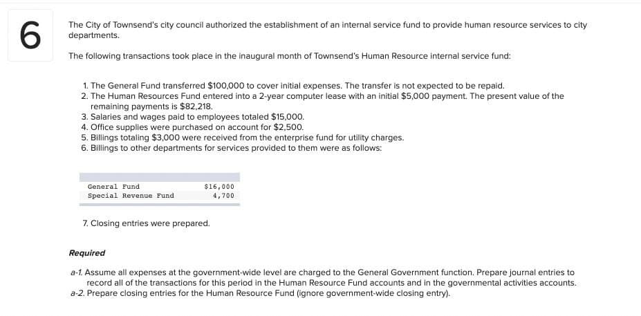 6
The City of Townsend's city council authorized the establishment of an internal service fund to provide human resource services to city
departments.
The following transactions took place in the inaugural month of Townsend's Human Resource internal service fund:
1. The General Fund transferred $100,000 to cover initial expenses. The transfer is not expected to be repaid.
2. The Human Resources Fund entered into a 2-year computer lease with an initial $5,000 payment. The present value of the
remaining payments is $82,218.
3. Salaries and wages paid to employees totaled $15,000.
4. Office supplies were purchased on account for $2,500.
5. Billings totaling $3,000 were received from the enterprise fund for utility charges.
6. Billings to other departments for services provided to them were as follows:
General Fund
Special Revenue Fund.
$16,000
4,700
7. Closing entries were prepared.
Required
a-1. Assume all expenses at the government-wide level are charged to the General Government function. Prepare journal entries to
record all of the transactions for this period in the Human Resource Fund accounts and in the governmental activities accounts.
a-2. Prepare closing entries for the Human Resource Fund (ignore government-wide closing entry).