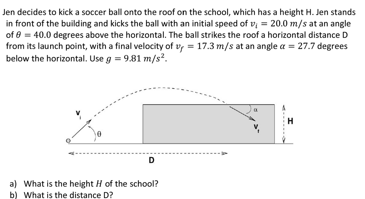 Jen decides to kick a soccer ball onto the roof on the school, which has a height H. Jen stands
in front of the building and kicks the ball with an initial speed of v₁ = 20.0 m/s at an angle
of 0 = 40.0 degrees above the horizontal. The ball strikes the roof a horizontal distance D
from its launch point, with a final velocity of Vf 17.3 m/s at an angle a = 27.7 degrees
below the horizontal. Use g
=
=
9.81 m/s².
D
a) What is the height H of the school?
b) What is the distance D?
α
H
