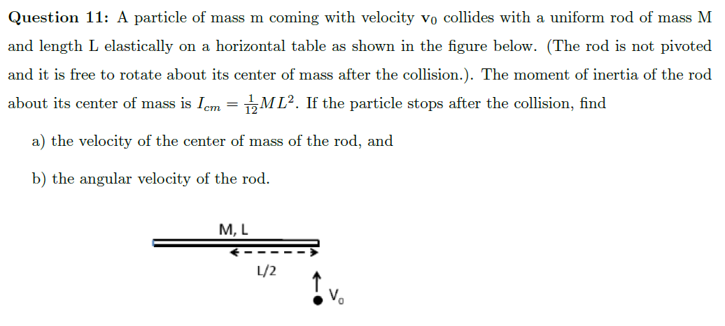 Question 11: A particle of mass m coming with velocity vọ collides with a uniform rod of mass M
and length L elastically on a horizontal table as shown in the figure below. (The rod is not pivoted
and it is free to rotate about its center of mass after the collision.). The moment of inertia of the rod
about its center of mass is Iem = ML². If the particle stops after the collision, find
a) the velocity of the center of mass of the rod, and
b) the angular velocity of the rod.
M, L
L/2
