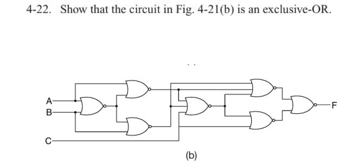 4-22. Show that the circuit in Fig. 4-21(b) is an exclusive-OR.
A
B-
C-
(b)
-F