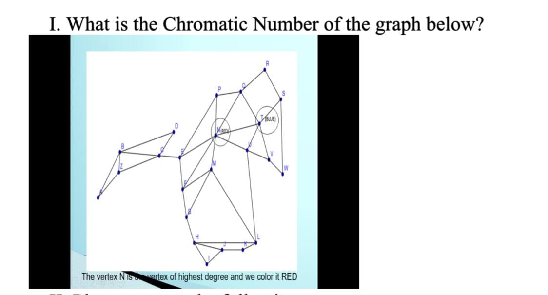 I. What is the Chromatic Number of the graph below?
BLUE)
The vertex N is vertex of highest degree and we color it RED