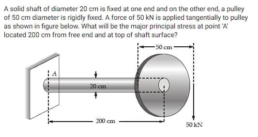 A solid shaft of diameter 20 cm is fixed at one end and on the other end, a pulley
of 50 cm diameter is rigidly fixed. A force of 50 kN is applied tangentially to pulley
as shown in figure below. What will be the major principal stress at point 'A'
located 200 cm from free end and at top of shaft surface?
-50 cm
¦ A
20 cm
4
200 cm
50 KN