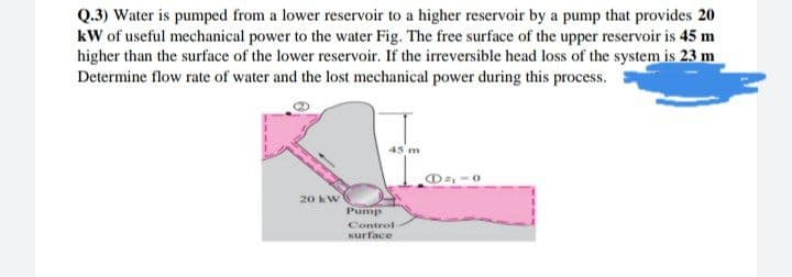 Q.3) Water is pumped from a lower reservoir to a higher reservoir by a pump that provides 20
kW of useful mechanical power to the water Fig. The free surface of the upper reservoir is 45 m
higher than the surface of the lower reservoir. If the irreversible head loss of the system is 23 m
Determine flow rate of water and the lost mechanical power during this process.
20 kW
Pump
Control-
surface
@=-0